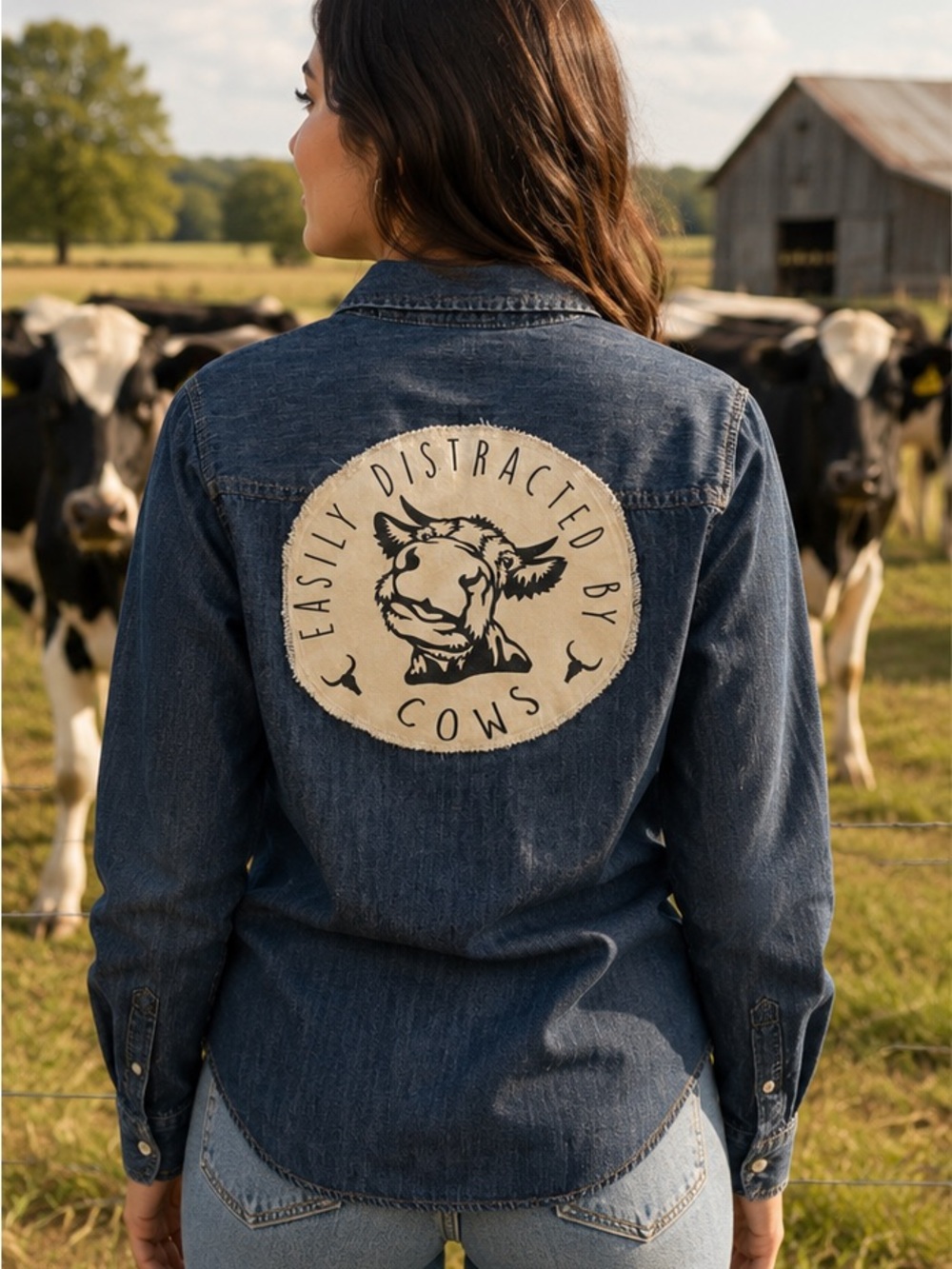 Cow Denim Shirt - “Easily Distracted by Cows” and “Farm Girl” Patches. Medium.